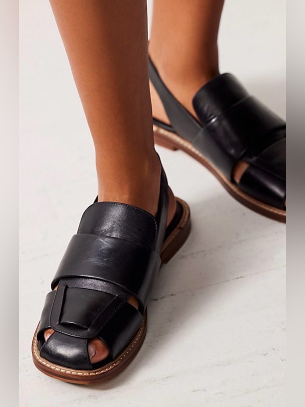 Free People Libby Black Leather Slingback Fisherman Sandals Coastal Summer - Picture 9 of 12